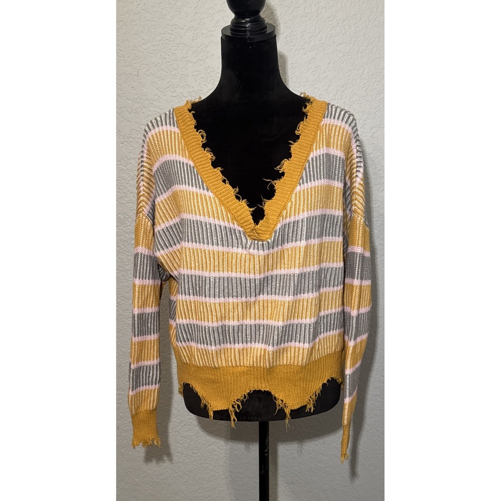 Daytrip Women's L Mustard Yellow Pink Gray Striped Fringe V-Neck Sweater